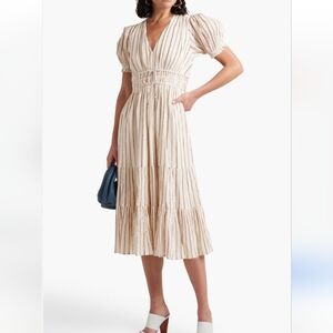 ULLA JOHNSON Zaria Tiered Metallic Striped Midi Dress